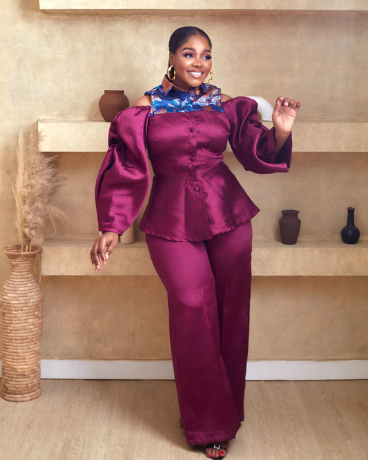 Adunni wine mikado and brocade damask african pant set