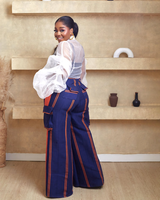 Bolanle Aso Oke African Hand woven Pant with Luxurious Organdy Exergerated Button down Shirt