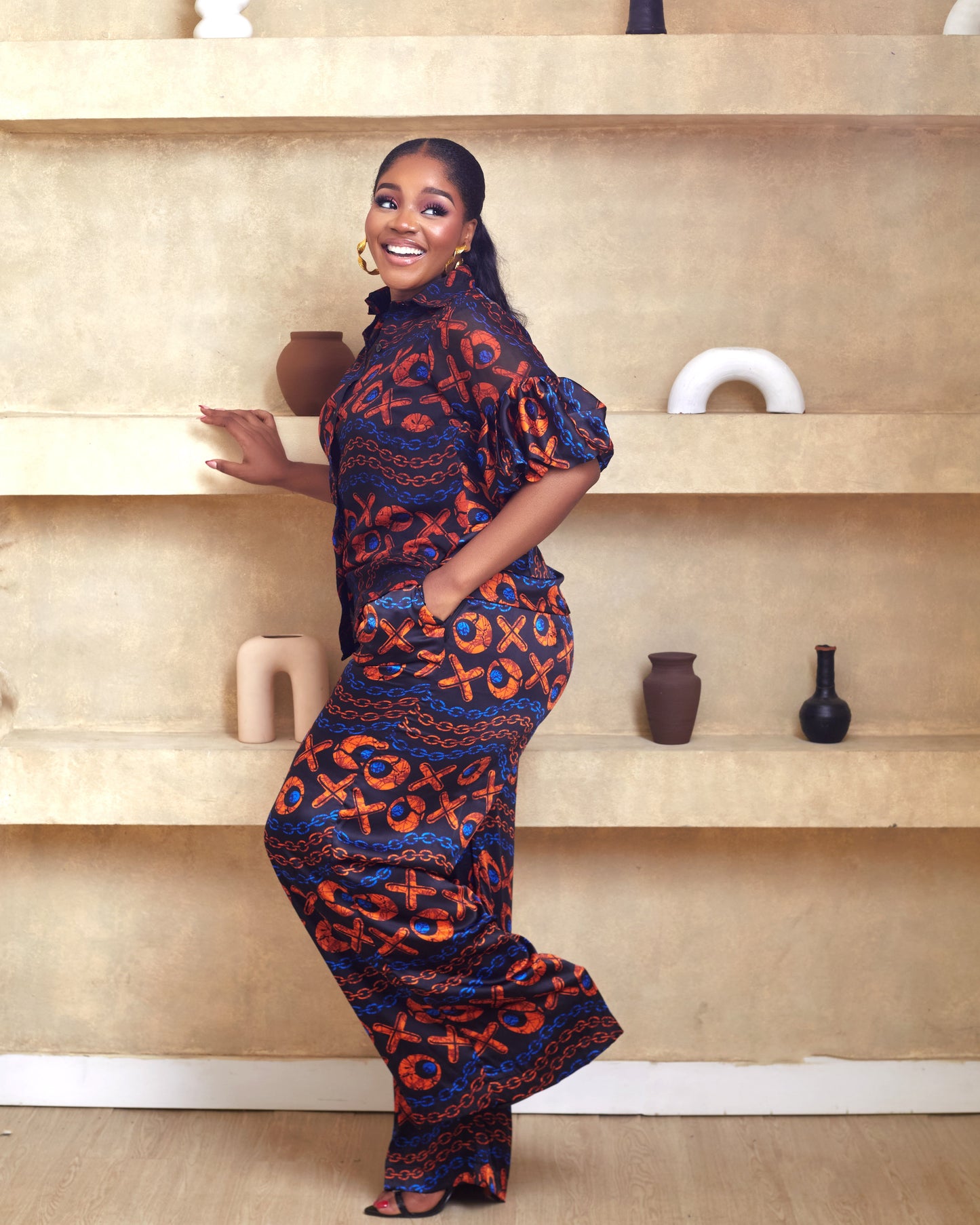 Amarah Blue Orange African Print Pant Set