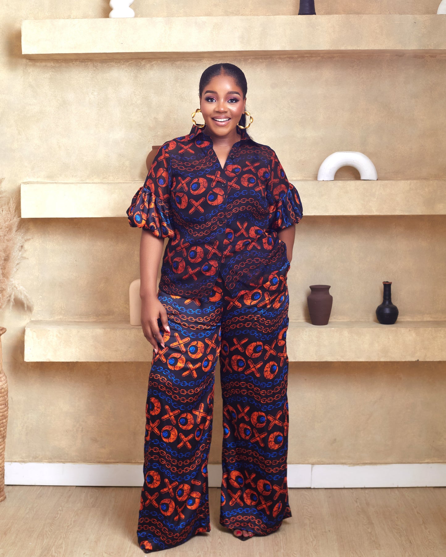 Amarah Blue Orange African Print Pant Set